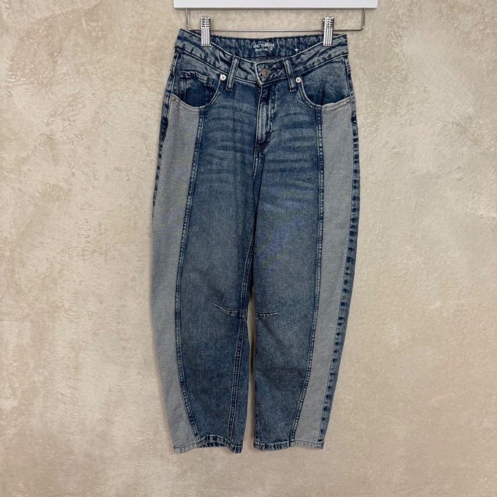 Girls Contrast Panel Barrel Leg Jeans Trendy Balloon Denim Blue Wash Size 12